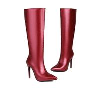 KUHAOFEU Pointed Toe Knee High Dress Boots for Women Stiletto High Heel Pull on Fashion Winter Tall Boots,Red,8 UK