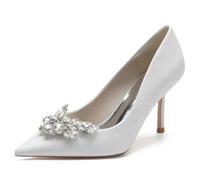 KUHAOFEU Rhinestone Pumps for Women Fashion Sparkly Stiletto Heels High Heel Slip-on Wedding Dress Shoes,White,5 UK
