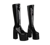KUHAOFEU Stacked Platform Knee High Boots for Women with High Chunky Heel Square Toe Side Zipper Stretch Boot,Black Patent Leather,7 UK