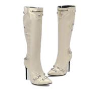 KUHAOFEU Stiletto Heel Knee High Boots for Women Slide Zipper Pointed Toe Studded Fall Winter Dress Fashion Boots,Beige,6 UK