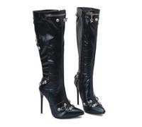 KUHAOFEU Stiletto Heel Knee High Boots for Women Slide Zipper Pointed Toe Studded Fall Winter Dress Fashion Boots,Green,4 UK