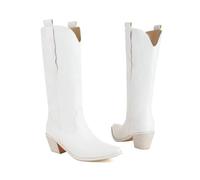 KUHAOFEU White Cowgirl Cowboy Boots for Women Embroidered Pull-On Chunky Stacked Heel Knee High Western Boots,White,10 UK