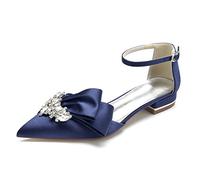 KUHAOFEU White Wedding Flats Shoes for Women Bow Rhinestone Closed Pointed Toe Evening Party Bridal Dress Flats,Navy,6 UK