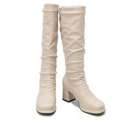 KUHAOFEU Wide Calf Platform Boots for Women Square Toe Knee High Boots Chunky Block Heels Tall PU Leather Booties,White,1 UK