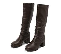 KUHAOFEU Wide Calf Platform Boots for Women Square Toe Knee High Boots Chunky Block Heels Tall PU Leather Booties,Brown,2 UK
