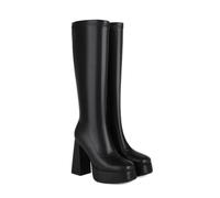 KUHAOFEU Wide Calf Square Toe Platform Tall Boots Chunky Block Heel Faux Leather Half Zip Long Boot for Women,Black,5 UK