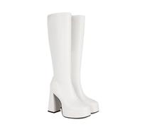 KUHAOFEU Wide Calf Square Toe Platform Tall Boots Chunky Block Heel Faux Leather Half Zip Long Boot for Women,White,7 UK
