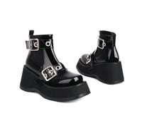 KUHAOFEU Women Ankle High Combat Booties Black Platform Chelsea Boots Buckle Punk Goth Shoes,Black Patent Leather,8 UK
