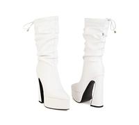 KUHAOFEU Women Back Lace Platform Ankle High Boots High Chunky Heels Pointed Toe Party Dress Booties,White,3 UK