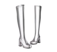 KUHAOFEU Women Block Heel Over The Knee Boots Zip Up Round Toe Platform Long Boot,Silver,13 UK