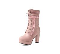 KUHAOFEU Women Block Heels Side Zipper Platform Cosplay Mid Calf Boots Fashion Sweet Lace Lolita Warm Booties,Pink,10 UK