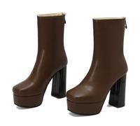 KUHAOFEU Women Chunky Block Heel Square Toe Zipper Heeled Fall Boots Fashion Dating Party Evening Short Booties,Brown,4 UK