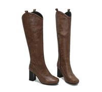 KUHAOFEU Women Chunky Heel Fashion Faux Leather Tall Boots Square Toe Block Heeled Long Riding Boots,Brown,4 UK
