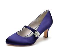 KUHAOFEU Women Closed Toe Comfort Kitten Heels Rhinestones Satin Wedding Evening Dress Shoes with Ankle Strap,Navy,3 UK