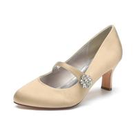 KUHAOFEU Women Closed Toe Comfort Kitten Heels Rhinestones Satin Wedding Evening Dress Shoes with Ankle Strap,Champagne,10 UK