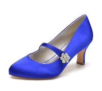 KUHAOFEU Women Closed Toe Comfort Kitten Heels Rhinestones Satin Wedding Evening Dress Shoes with Ankle Strap,Blue,7 UK