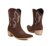 KUHAOFEU Women Embroidered Pointed Toe Western Cowgirl Boots Chunky Heel Pull-On Wide Calf Country Ankle Boots,Brown,6 UK