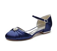KUHAOFEU Women Flat Shoes Round Toe Low Heels Ankle Strap Pleated Satin Bridal Wedding Flats with Crystal,Navy,7 UK