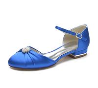 KUHAOFEU Women Flat Shoes Round Toe Low Heels Ankle Strap Pleated Satin Bridal Wedding Flats with Crystal,Blue,6 UK