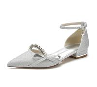 KUHAOFEU Women Flat Shoes with Ankle Strap, Low Heels for Women, Comfortable Pointed Toe Dress Shoes for Work Business Wedding,Silver,6 UK