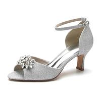 KUHAOFEU Women Kitten Heels Peep Toe Wedding Sandal Glitter Strappy Bridal Pumps Rhinestone Formal Party Dress Shoes,Silver,7 UK
