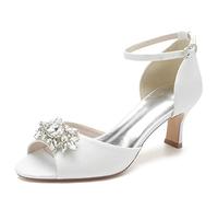 KUHAOFEU Women Kitten Heels Peep Toe Wedding Sandal Glitter Strappy Bridal Pumps Rhinestone Formal Party Dress Shoes,White,5 UK