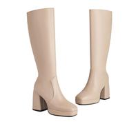 KUHAOFEU Women Knee High Boots Faux Leather Platform Chunky Square Toe Heeled Side Zipper Fall Wide Calf Long Tall Boots,Beige,13 UK