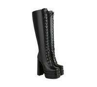 KUHAOFEU Women Platform Knee High Boots Chunky High Heel Side Zipper Party Festival Cosplay Halloween Boot Not for Wide Calf,Black,7 UK