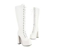 KUHAOFEU Women Platform Knee High Boots Chunky High Heel Side Zipper Party Festival Cosplay Halloween Boot Not for Wide Calf,White,9 UK