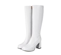 KUHAOFEU Women Platform Knee High Combat Boots Patent Leather Square Toe Chunky Heel Tall Boots Zipper Party Disco Long Booties,White,5 UK