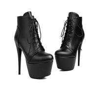KUHAOFEU Women Platform Pole Dancing Ankle Boots Sexy Stiletto High Heel Stripper Booties Lace Up Zipper Short Boots,Black PU Leather,4 UK