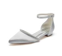 KUHAOFEU Women Pointed Toe Chunky Low Heel Wedding Pumps Rhinestones Satin Bridal Flats Ankle Strap Prom Evening Dress Shoes,Silver,9 UK