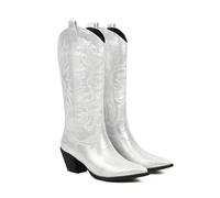 KUHAOFEU Women Pointed Toe Pull on Mid Calf Cowgirl Boots Embroidered Chunky Heels Perfect for Parties, Country Music Festivals, Concerts,Silver,8 UK