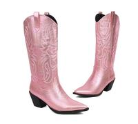 KUHAOFEU Women Pointed Toe Pull on Mid Calf Cowgirl Boots Embroidered Chunky Heels Perfect for Parties, Country Music Festivals, Concerts,Pink,3 UK