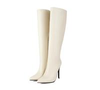 KUHAOFEU Women Pointed Toe Tall Boots Long Heeled Leather Boots Stiletto Heel Knee High Dress Booties with Side Zipper,White,6 UK