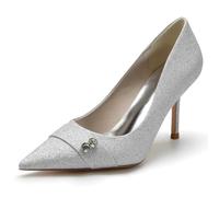 KUHAOFEU Women Pumps, Pointed Toe Rhinestone High Heels Sparkly Glitter Prom Shoes Wedding Stiletto Heels for Bride,Silver,7 UK