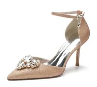 KUHAOFEU Women Silver Sequins Stiletto High Heels Closed Toe Rhinestone Bridal Pumps with Ankle Strap Glitter Prom Wedding Shoes,Champagne,9 UK
