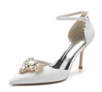KUHAOFEU Women Silver Sequins Stiletto High Heels Closed Toe Rhinestone Bridal Pumps with Ankle Strap Glitter Prom Wedding Shoes,White,6 UK