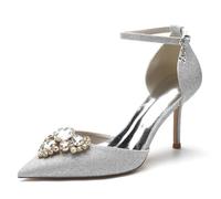 KUHAOFEU Women Silver Sequins Stiletto High Heels Closed Toe Rhinestone Bridal Pumps with Ankle Strap Glitter Prom Wedding Shoes,Silver,3 UK