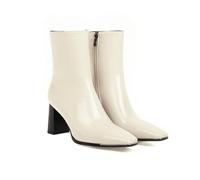 KUHAOFEU Women Square Toe Short Boots Side Zipper Low Heel Ankle Booties Fashion Comfort Dressy Lady Shoes,Beige,7 UK