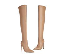 KUHAOFEU Women Stretchy PU Thigh High Boot Pointed Toe Side Zip Over The Knee Boot Sexy Winter Stilettos,Beige,5 UK