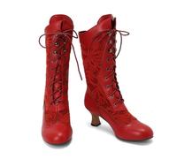 KUHAOFEU Women Victorian Lace Ankle Boots Wedding Bridal Booties Mid Calf Kitten Mid Heel Dress Boots,Red,5 UK