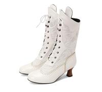 KUHAOFEU Women Victorian Lace Ankle Boots Wedding Bridal Booties Mid Calf Kitten Mid Heel Dress Boots,White,12 UK
