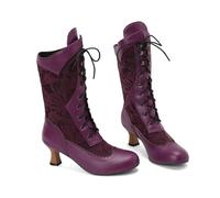 KUHAOFEU Women Victorian Lace Ankle Boots Wedding Bridal Booties Mid Calf Kitten Mid Heel Dress Boots,Purple,11 UK