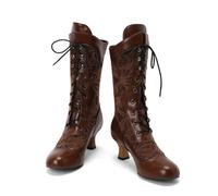 KUHAOFEU Women Victorian Lace Ankle Boots Wedding Bridal Booties Mid Calf Kitten Mid Heel Dress Boots,Brown,12 UK