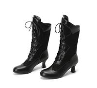 KUHAOFEU Women Victorian Lace Ankle Boots Wedding Bridal Booties Mid Calf Kitten Mid Heel Dress Boots,Black,8 UK