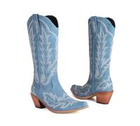 KUHAOFEU Women Wide Calf Knee High Cowgirl Boots Western Country Boots with Classic Embroidery, Pointed Toe Pull On Retro Booties,Blue Denim,2 UK