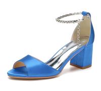 KUHAOFEU Women's 2.36 Inches Thick Heel Wedding High Heel Sandals Open Toe Crystal Ankle Strap Summer Party Dress Pump Shoes,Blue,7 UK