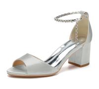 KUHAOFEU Women's 2.36 Inches Thick Heel Wedding High Heel Sandals Open Toe Crystal Ankle Strap Summer Party Dress Pump Shoes,Silver,7 UK