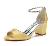 KUHAOFEU Women's 2.36 Inches Thick Heel Wedding High Heel Sandals Open Toe Crystal Ankle Strap Summer Party Dress Pump Shoes,Gold,3 UK